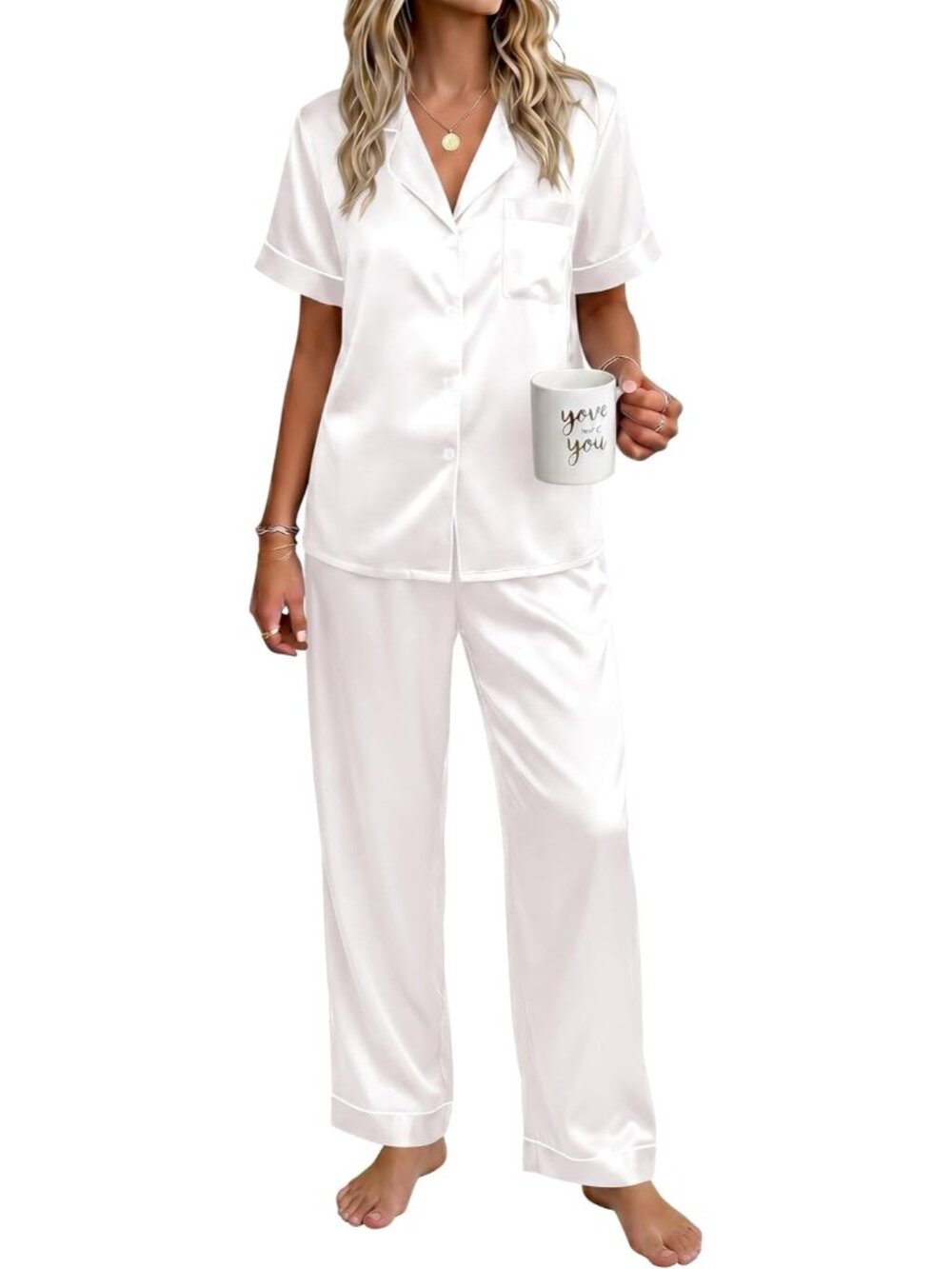 Women's White Silky Short Sleeve Button Down Loungewear Pajama Set